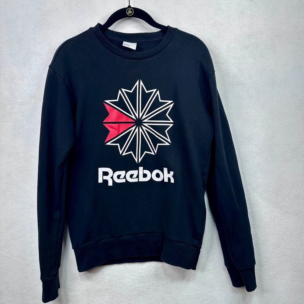 Reebok Sweatshirt‎ Men Small Black Excellent Starcrest Logo Crewneck Pullover